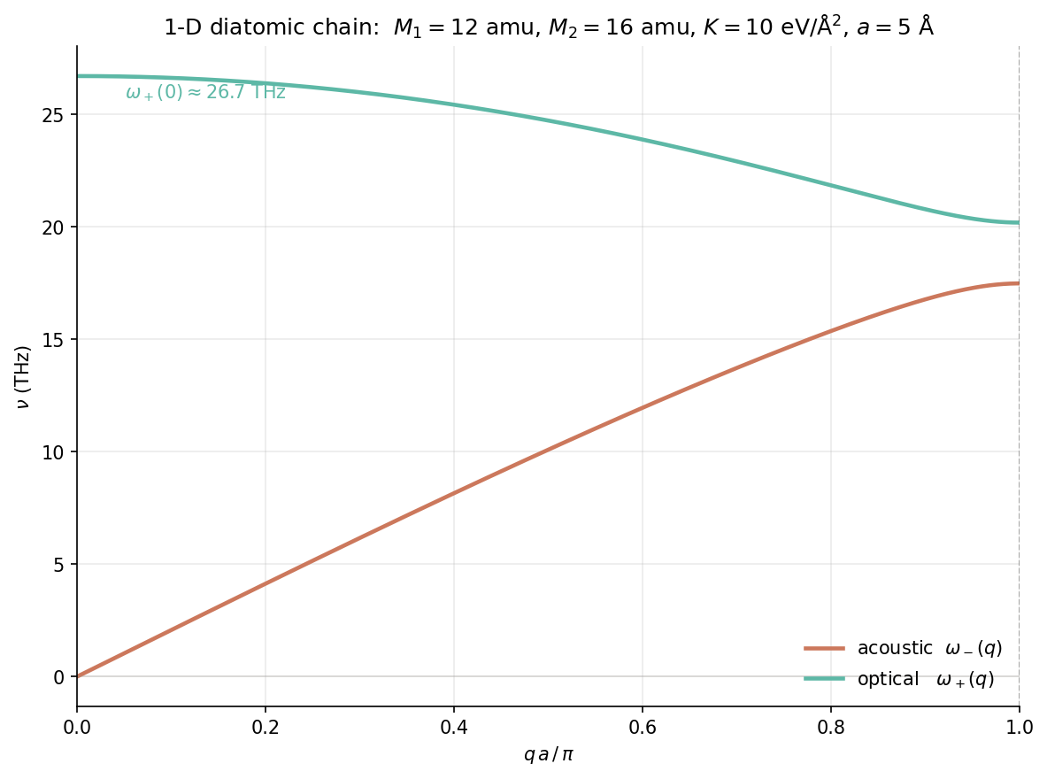 Phonon dispersion of a 1-D diatomic chain with $M_1 = 12$ amu, $M_2 = 16$ amu, $K = 10$ eV/Å$^2$, $a = 5$ Å. The acoustic branch (lower) starts at $\omega = 0$ at the zone centre and rises with slope $v_s \approx 2.97 \times 10^4$ m/s. The optical branch (upper) starts at $\omega \approx 26.7$ THz at the zone centre. At the BZ boundary $q = \pi/a$ the branches reach $\omega_- = 17.5$ THz (lower) and $\omega_+ = 20.2$ THz (upper).